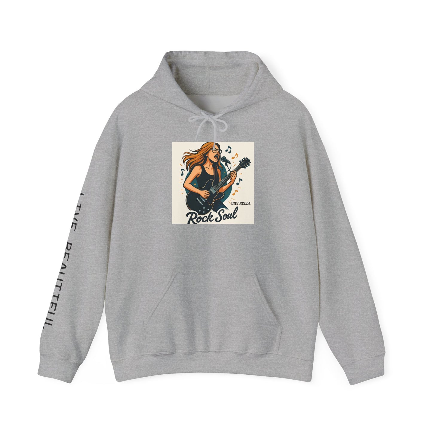Live Beautiful Hoodie- Rock Soul- Girl Jamming on Electric Guitar Hooded Sweatshirt, , Gift for Music Lovers, Cozy Musician Hoodie