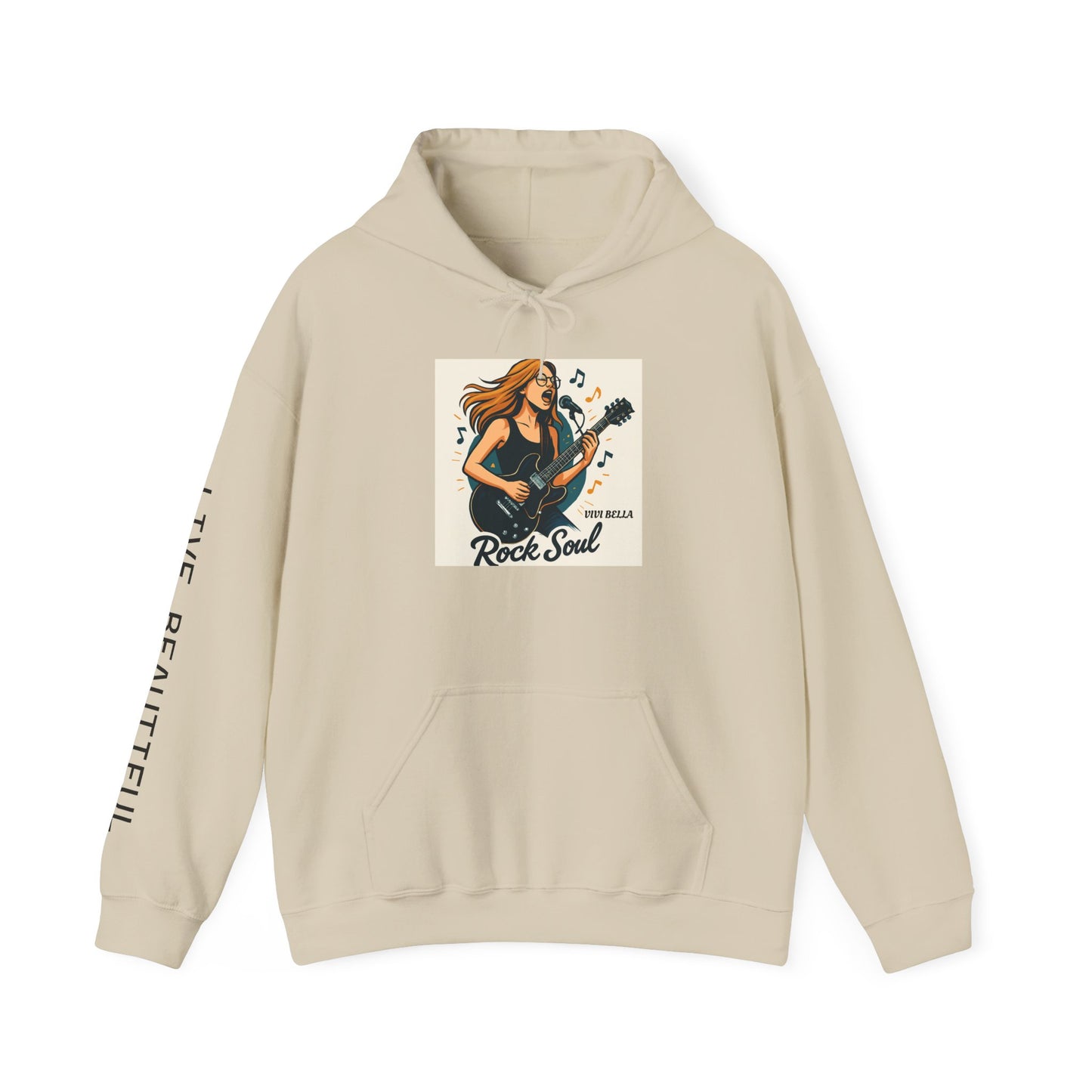 Live Beautiful Hoodie- Rock Soul- Girl Jamming on Electric Guitar Hooded Sweatshirt, , Gift for Music Lovers, Cozy Musician Hoodie