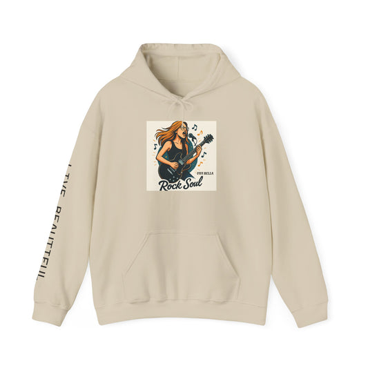 Live Beautiful Hoodie- Rock Soul- Girl Jamming on Electric Guitar Hooded Sweatshirt, , Gift for Music Lovers, Cozy Musician Hoodie
