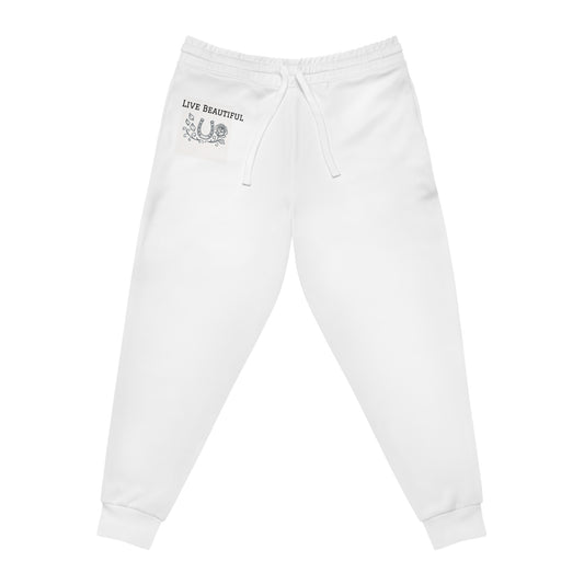Live Beautiful Athletic Joggers | Horseshoe Rose Petal Pocket , White, Comfortable Activewear for Fitness Lovers, Casual Wear, Gift for Athletes, Workout Pants, Lounge Wear